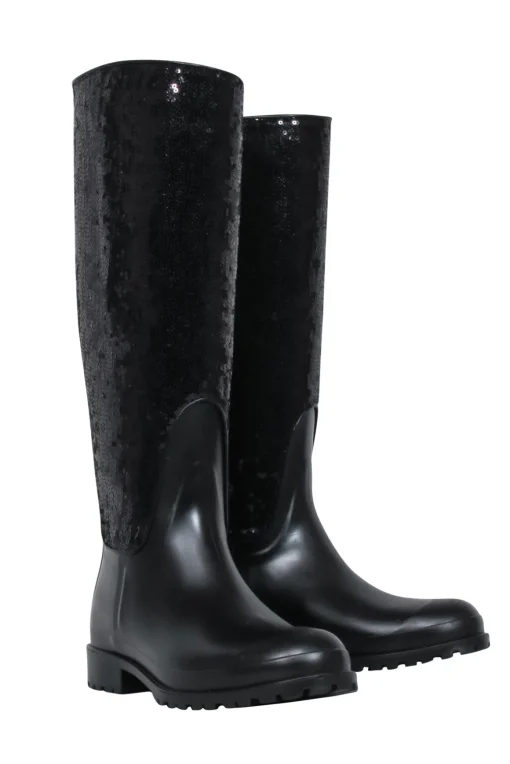 Yves Saint Laurent - Black Sequin Rubber Boots Sz 7