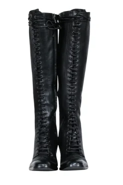 Yves Saint Laurent - Black Leather Lace-Up Tall Boots Sz 9.5