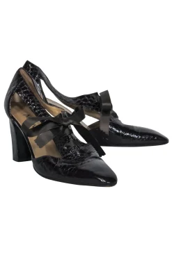 Yves Saint Laurent - Dark Brown Patent Leather Embossed Cutout Heels Sz 8