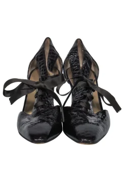 Yves Saint Laurent - Dark Brown Patent Leather Embossed Cutout Heels Sz 8