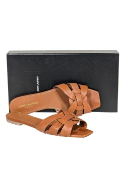 Yves Saint Laurent - Tan Tribute Woven Leather Slides Sz 8.5