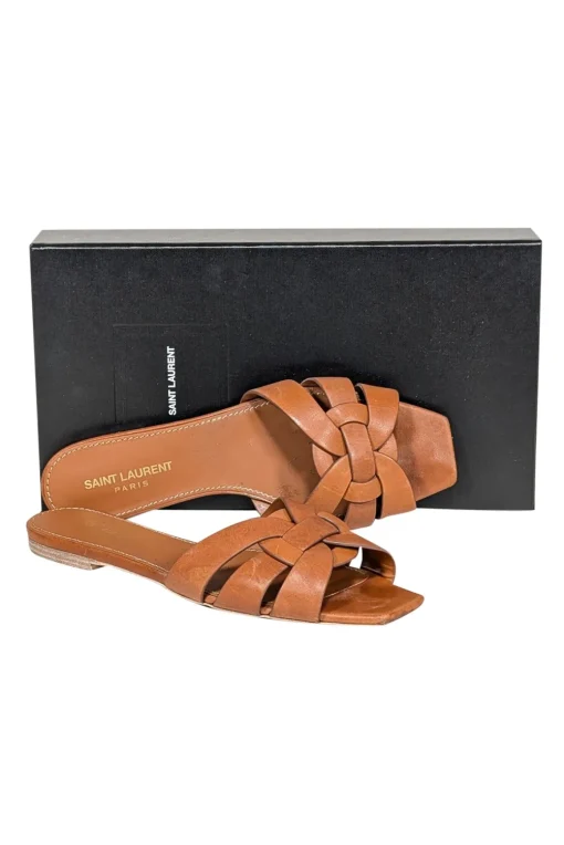 Yves Saint Laurent - Tan Tribute Woven Leather Slides Sz 8.5