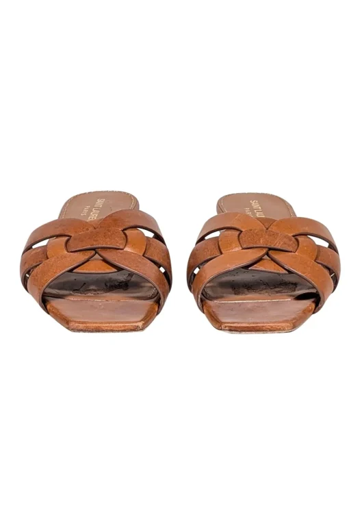 Yves Saint Laurent - Tan Tribute Woven Leather Slides Sz 8.5