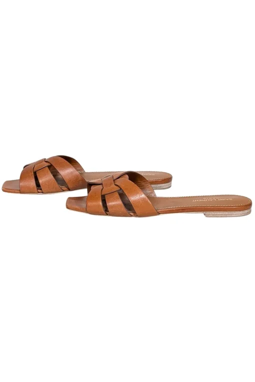 Yves Saint Laurent - Tan Tribute Woven Leather Slides Sz 8.5