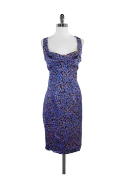 Zac Posen - Blue & Mauve Print Silk Sleeveless Dress Sz 2
