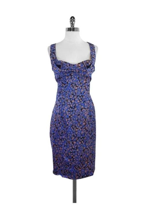 Zac Posen - Blue & Mauve Print Silk Sleeveless Dress Sz 2