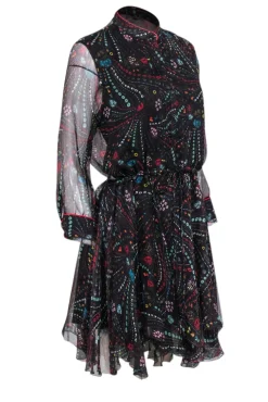 Zadig & Voltaire - Black w/ Multicolor Psychedelic Print Silk Chiffon Dress Sz L