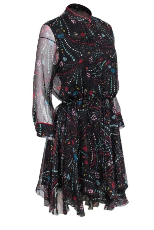 Zadig & Voltaire - Black w/ Multicolor Psychedelic Print Silk Chiffon Dress Sz L