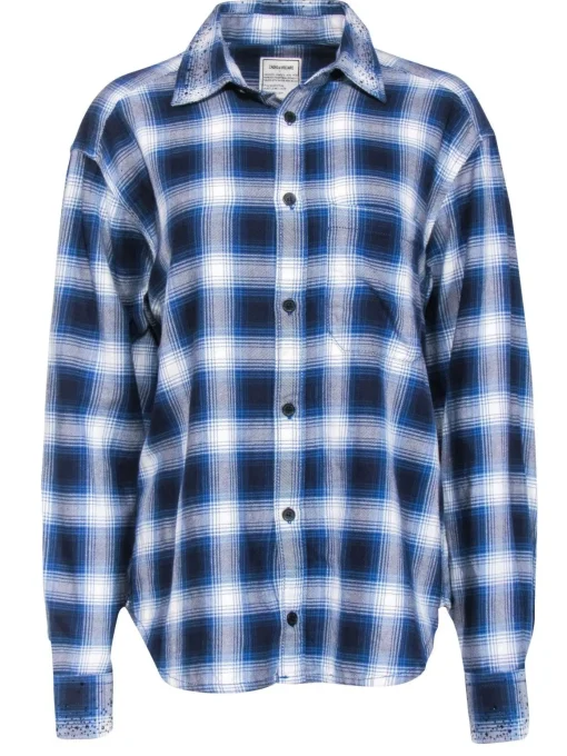 Zadig & Voltaire - Blue & White Plaid Flannel w/ Rhinestones Sz L