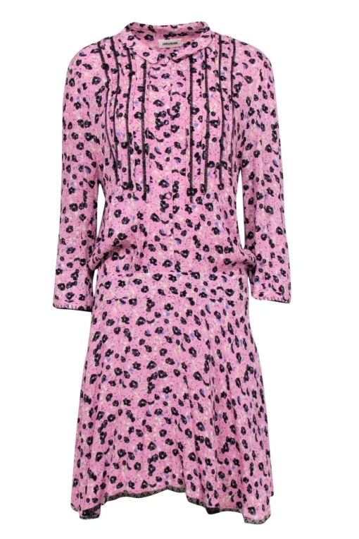 Zadig & Voltaire - Lilac Drop Waist Dress w/ Black Floral Print & Collar Sz L