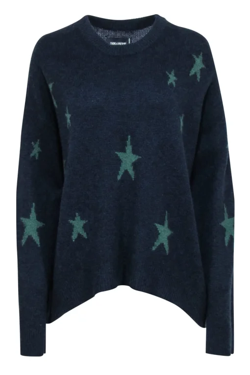 Zadig & Voltaire - Navy Cashmere Sweater w/ Green Stars Sz L