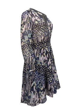 Zadig & Voltaire - Navy Mixed Print Silk Dress w/ Metallic Clip Dots Sz S