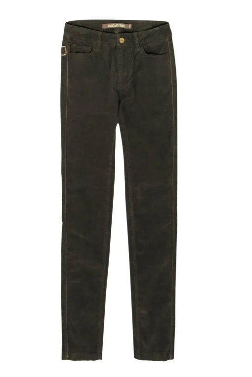 Zadig & Voltaire - Olive Green Corduroy High Waisted “Eva” Skinny Pants w/ Leather Trim Sz 2