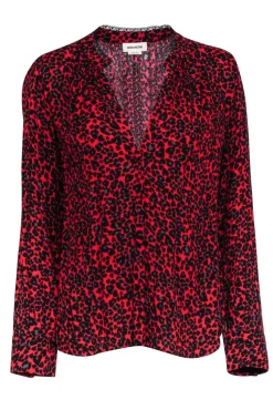 Zadig & Voltaire -Red & Black Leapord Print V-Neck Blouse Sz M