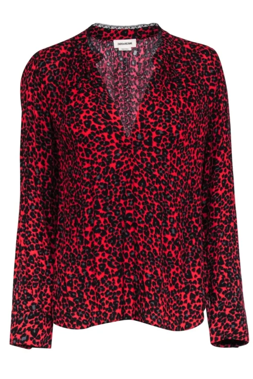 Zadig & Voltaire -Red & Black Leapord Print V-Neck Blouse Sz M