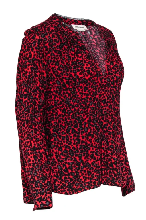Zadig & Voltaire -Red & Black Leapord Print V-Neck Blouse Sz M