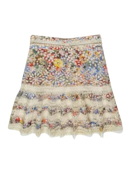 Zimmerman - Cream Multicolor Floral Print Eyelet & Lace Fit & Flare Skirt Sz 2