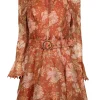 Zimmermann - Amber, Orange, & Peach Floral Print Dress w/ Beaded Trim Sz 8