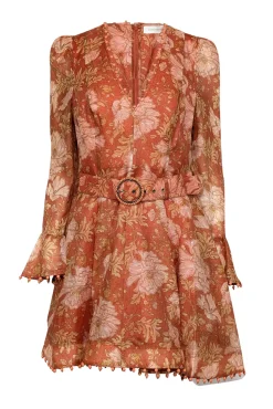 Zimmermann - Amber, Orange, & Peach Floral Print Dress w/ Beaded Trim Sz 8