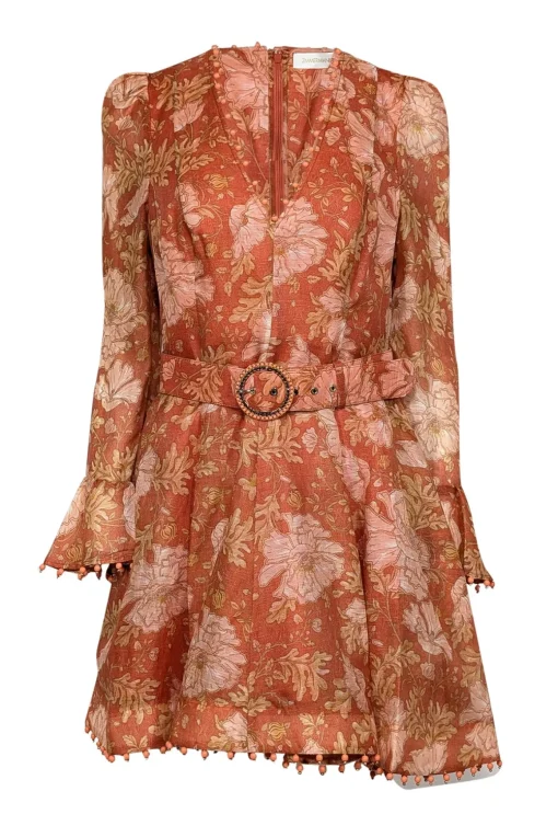 Zimmermann - Amber, Orange, & Peach Floral Print Dress w/ Beaded Trim Sz 8