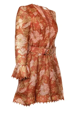 Zimmermann - Amber, Orange, & Peach Floral Print Dress w/ Beaded Trim Sz 8
