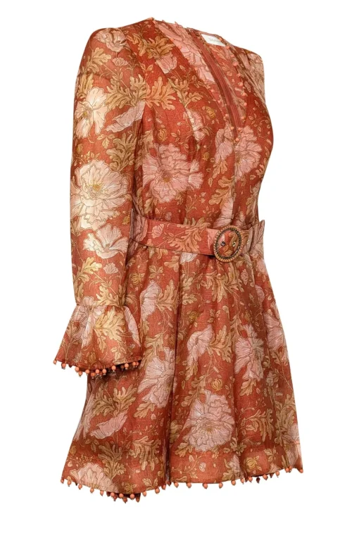 Zimmermann - Amber, Orange, & Peach Floral Print Dress w/ Beaded Trim Sz 8