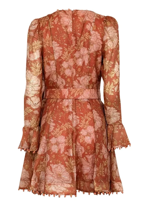 Zimmermann - Amber, Orange, & Peach Floral Print Dress w/ Beaded Trim Sz 8