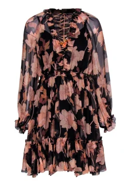 Zimmermann - Black & Blush Floral Print Sheer Mini Dress w/ Ruffles Sz 1