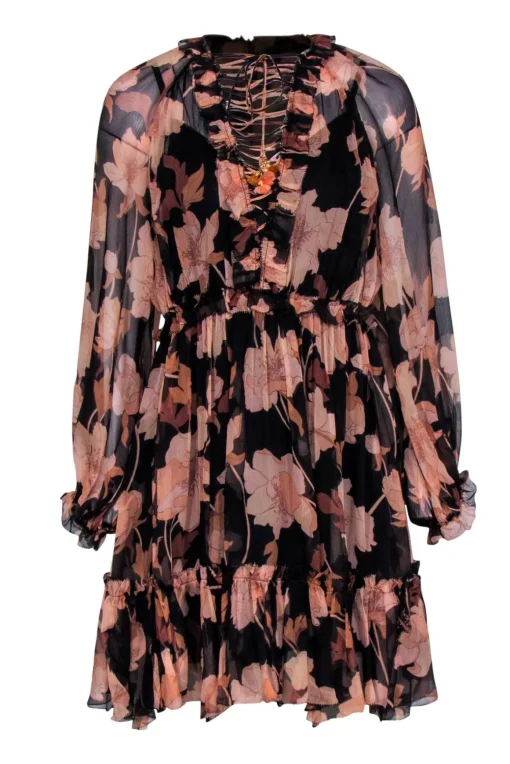 Zimmermann - Black & Blush Floral Print Sheer Mini Dress w/ Ruffles Sz 1