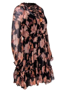 Zimmermann - Black & Blush Floral Print Sheer Mini Dress w/ Ruffles Sz 1