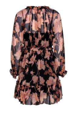 Zimmermann - Black & Blush Floral Print Sheer Mini Dress w/ Ruffles Sz 1