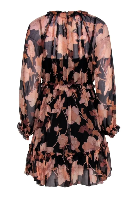 Zimmermann - Black & Blush Floral Print Sheer Mini Dress w/ Ruffles Sz 1