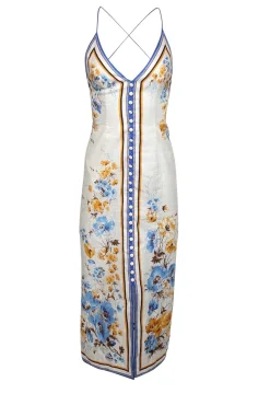 Zimmermann - White, Blue, & Orange Sleeveless Button Front "Halcyon" Dress Sz 2P