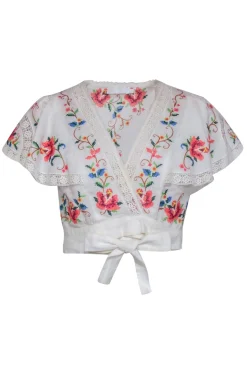 Zimmermann - White w/ Multi Color Floral Embroidery Short Sleeve Top Sz 8
