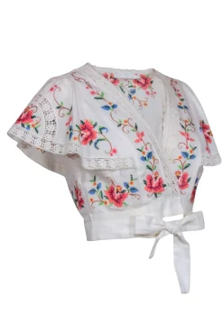 Zimmermann - White w/ Multi Color Floral Embroidery Short Sleeve Top Sz 8