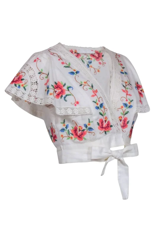 Zimmermann - White w/ Multi Color Floral Embroidery Short Sleeve Top Sz 8
