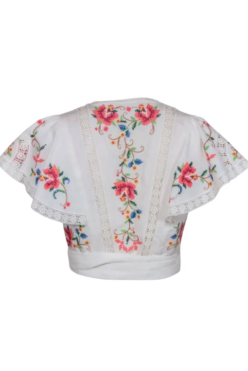 Zimmermann - White w/ Multi Color Floral Embroidery Short Sleeve Top Sz 8