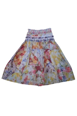 Zimmermann - Yellow & Multicolor Floral Print Ruffled Linen-Silk Skirt Sz 10